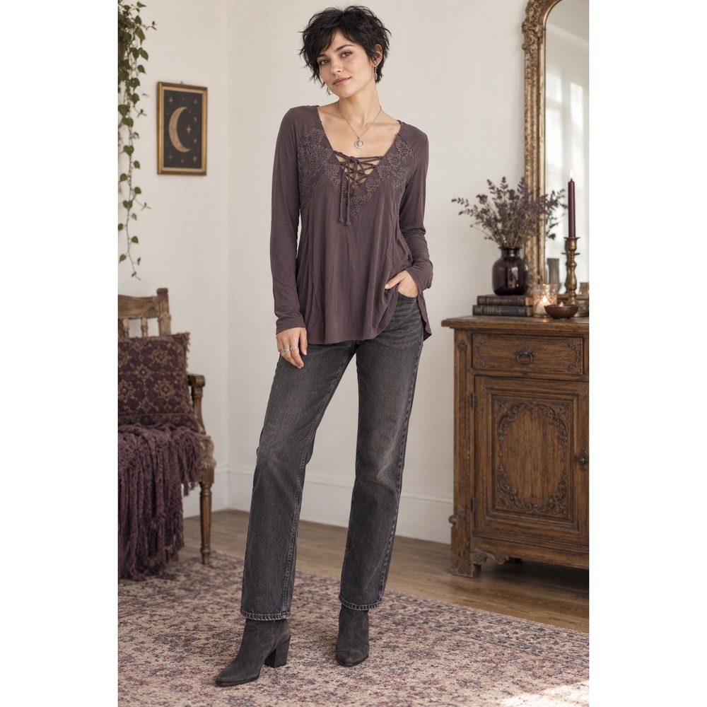 Boho Whimsigoth Fairy Soft Gray Jersey Knit Lace Up V-Neck Long Sleeve M Top